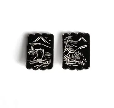 Vintage Sterling Silver Black Lacquer Earrings Oriental, View more
