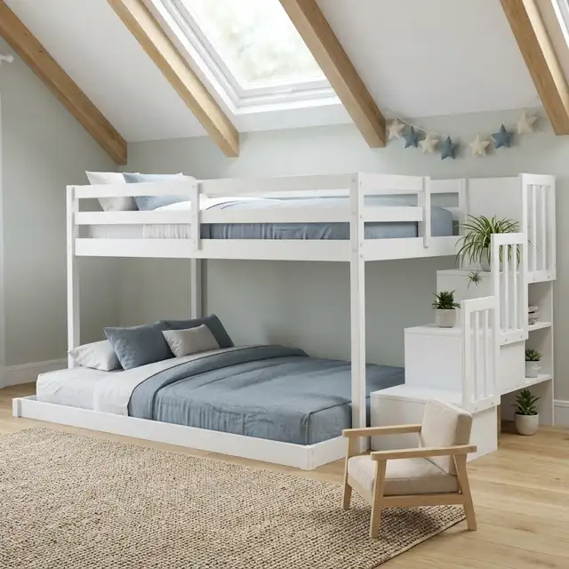 Twin over Full Low Bunk Bed with Staircase - New in Box - White