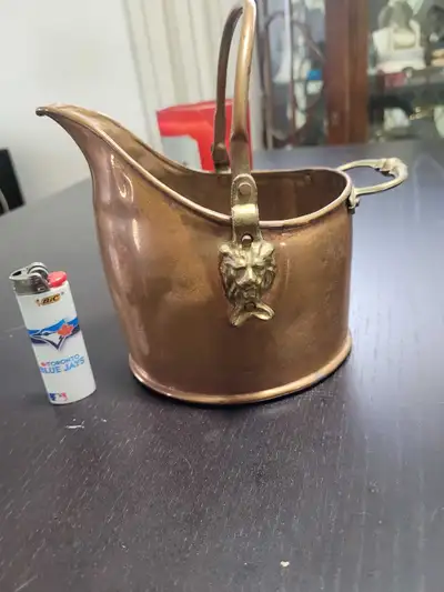 ANTIQUE COPPER SCUTTLE. COAL BUCKET. HELMET SCUTTLE., View more