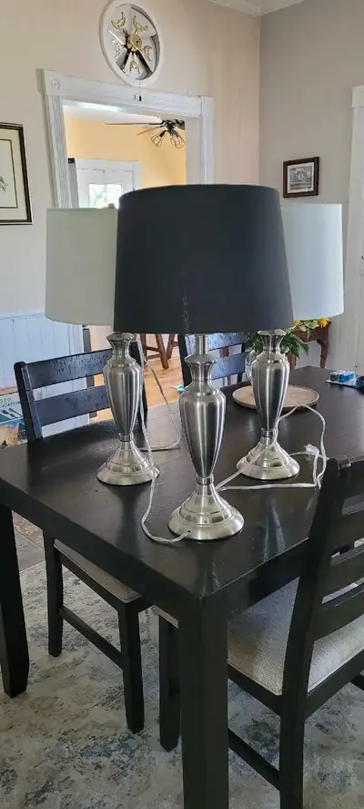 3 silver lamps with shades, View more