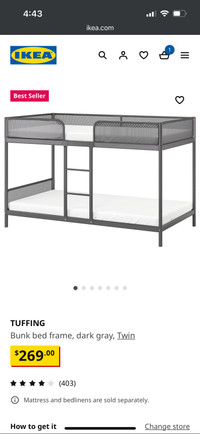 IKEA Tuffing Bunk Bed Grey 