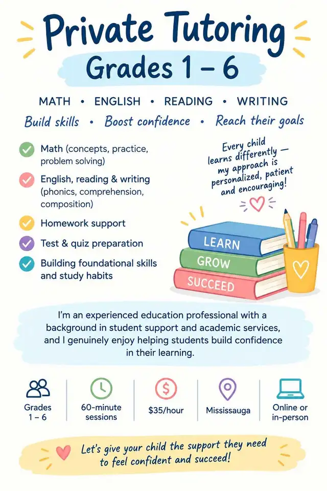 Private Tutoring for Grades 1 to 6 - Mississauga