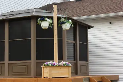 WHITE CEDAR PLANTER WITH POLE, SOLAR LIGHT & FLOWER HANGERS, View more