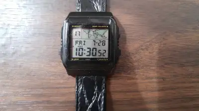 Casio Mod 643 W-50U World Time Digital Watch. Black leather strap. Some scratches, otherwise in good...