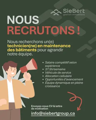 Technicien·ne en maintenance des bâtiments recherché ! Temps plein | Québec-Lévis | Véhicule fourni...