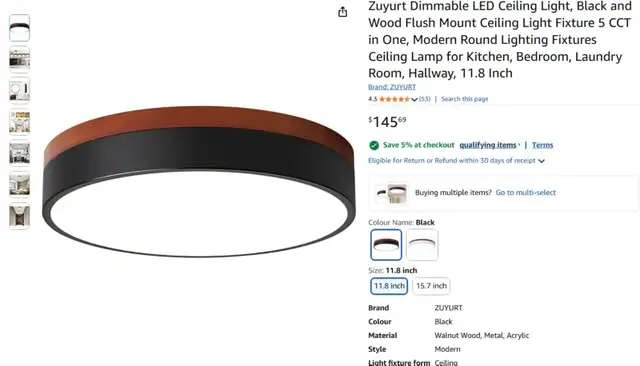 Dimmable LED Ceiling Light, Black Wood Flush Mount, 5 CCT, 11.8 in Indoor Lighting & Fans in Oshawa / Durham Region - Image 2