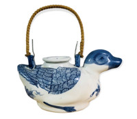 Vintage Handpainted Chinese Duck shaped Teapot, bamboo handle