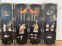 Four  Chinoserie Lacquered Wood Wall Panels with Jade