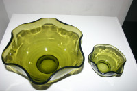 Vintage Anchor Hocking Olive Green Glass Ruffled Bowl Set