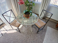 Wrought Iron Foldable Glass Top Table AND/OR 2 Iron Wicker Chair
