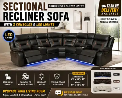 Joseph White Sectional Recliner with LED Lights & 2 Consoles, View more