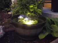 Barrel patio pond with LED lighting