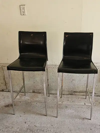 BLACK LEATHER AND CHROME BAR / COUNTER STOOLS 1980'S, View more