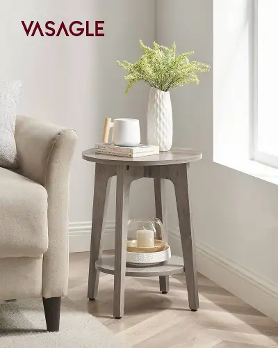 Round Side Table with Lower Shelf, End Table for Small Spaces, N, View more