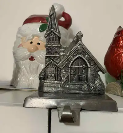 CHRISTMES CHRUCH - 3 items STOCKING . HOLDER Mantel OR Fireplace Metal -3 FOR - $25