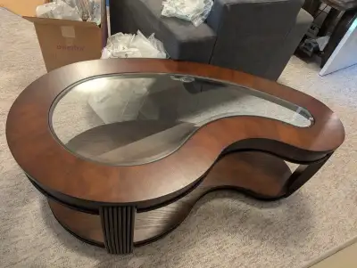 Solid wood coffee table set on rollers, glass top, View more
