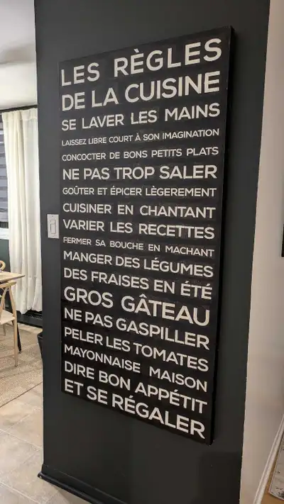 Très beau cadre Règles de la cuisine. 30" x 60" Très propre et en parfait état