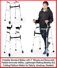 (NEW) Foldable Walker 5’’ Wheels Removable Padded Armrests 440lb