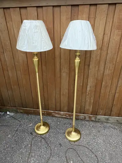 Free delivery used Pair of Brass Floor Lamps with Cream Shades, View more