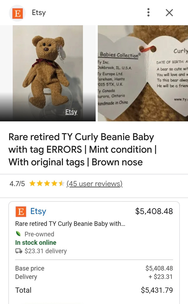 Ty Retired beanie baby with tag errors  in Arts & Collectibles in Oakville / Halton Region