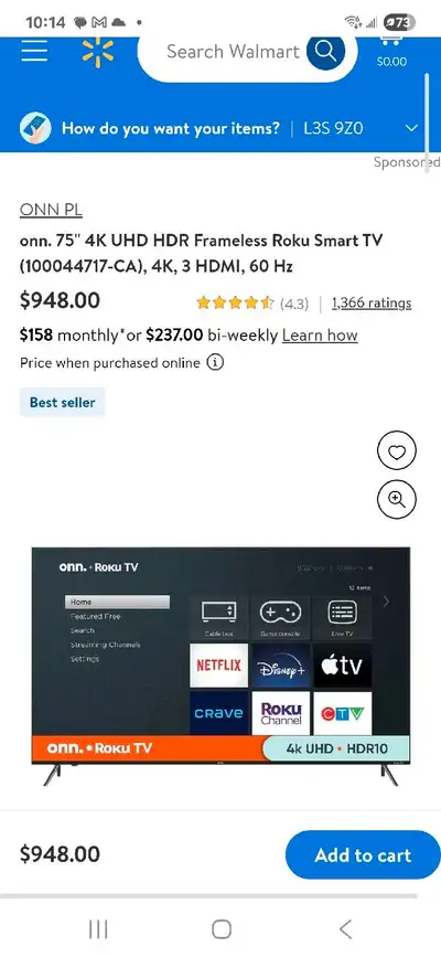 ON SALE!ONN 75" 4K UHD HDR Frameless Roku Smart TV $550, View more