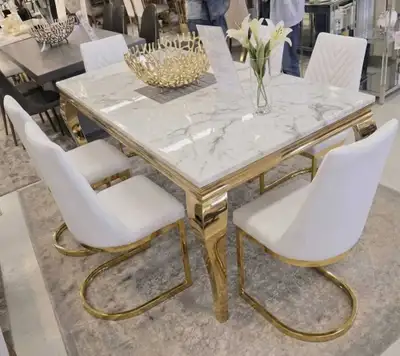 Marble Dining Set – White Marble Top + Gold Base with 6 Chairs, View more