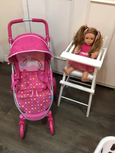 DOLL STROLLER , with DOLL, WOOD HIGHCHAIR , TRAVEL BAG., View more