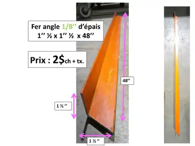Fer angle 1/8'' d'épais  x 1'' 1/2x1''1/2 x 48''long. et autres, View more