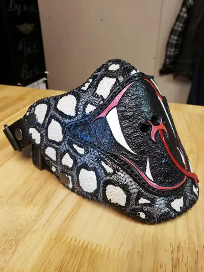 'Snake Bite' leather riding mask, dual layer, Python skin stamped, 100% handmade leather, suede lini...