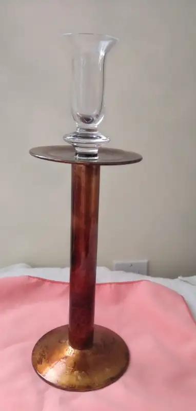 Glass Candle Holder Crate & Barrel Made in Italy 12 1/4" tall 4" diameter Clear glass top Copper/bro...
