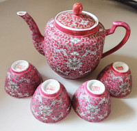 Vintage Mun Shou Longevity Famille Rose Red Porcelain Tea Set