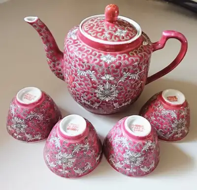 Vintage Mun Shou Longevity Famille Rose Red Porcelain Tea Set with no chips or cracks Teapot with li...