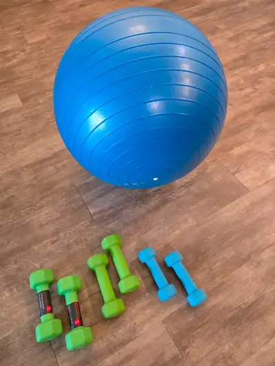 Dumbells and exercise ball, View more