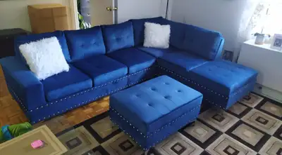 Blue Velvet Sectional Sofa with Ottoman, View more