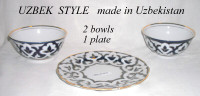 2 bowls 1 plate Uzbek, cobalt blue ceramic white gold trim $85
