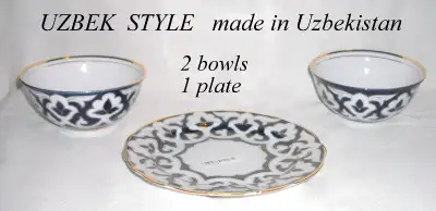 2 bowls 1 plate Uzbek, cobalt blue ceramic white gold trim $85, View more