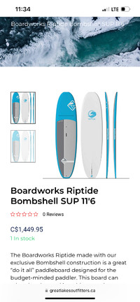paddle board. 11FT 6IN, Boardworks Riptide SUP Board - UPS