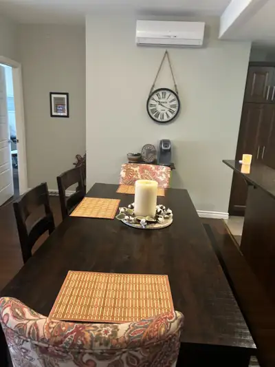 Dining Room Set 4 chairs ..2 cloth 2 wooden and wooden bench. Great condition Pick up only Cash paym...