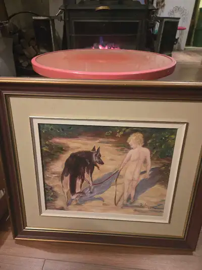 Je vends une charmante peinture à l'huile représentant un enfant et un chien, parfaite pour ajouter...