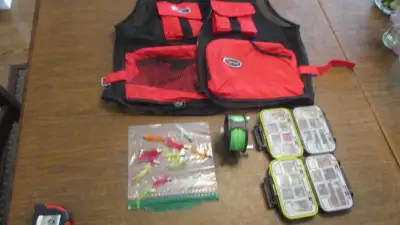 Fly Fishing LURES and Fishing Jacket: 2 BOX + 1 BAG LURES, Fishing Jacket, Reel... Everything is BRA...