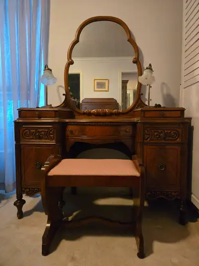 Antique Carved Mahogany Bedroom Set - Secretary, Dresser, Vanity, View more