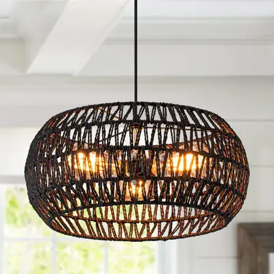 Boho Rattan Drum Pendant Light - Black Woven Ceiling Chandelier, View more