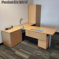 Blonde T-Suite Desk System w/ Cabinet & Under Privacy Screen