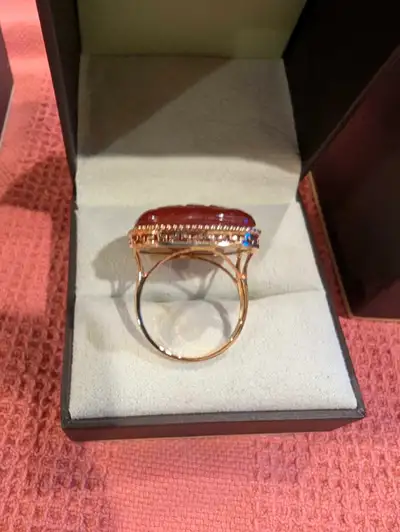 Ross-Simons Red Jade ring. Wax style engraving on 14k gold. In original Clam shell box that fits ins...
