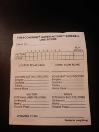 Colecovision Super Action Baseball Score Pad