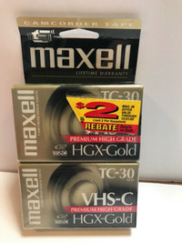 Maxell TC-30 HGX-Gold camcorder tapes New in package 2 pack