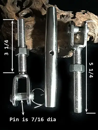 Marine rigging, various. New, unused. Dimensions in photos. Turnbuckle, closed, 7/16 - $40 Threaded...