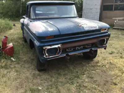 1960 Chev 3/4 ton long box stepside, no engine, but has 4 spd trans. Has a 64 hood. Has rust but min...