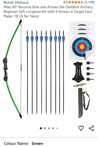 Complete beginner archery set – great for target practice and learning archery. • 45” recurve bow •...