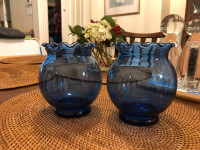 MCM Cobalt Blue Rose Fish Bowl Vase Anchor Hocking x 2